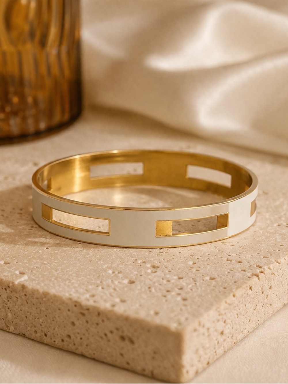 Bangle Bracelet Trifari Gold White Enamel Geometric Signed
